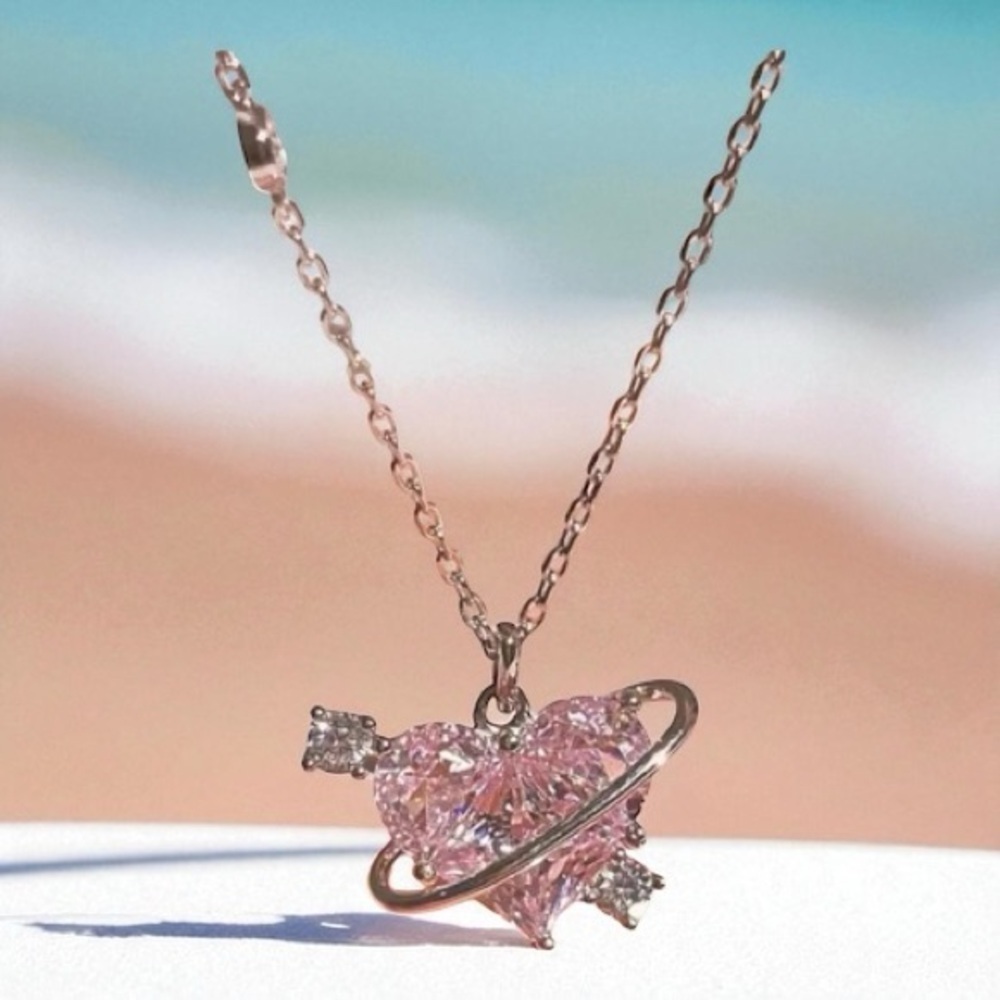 Silver Pink Heart Pendant Necklace